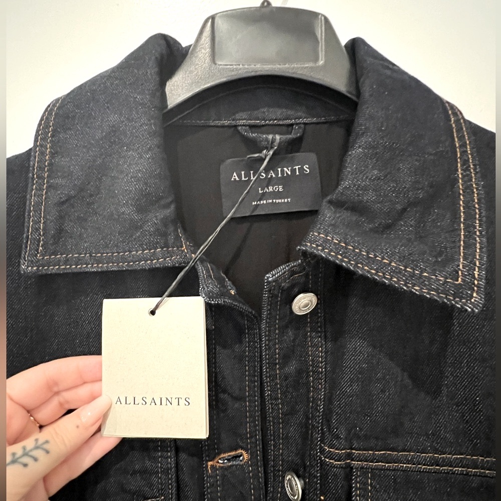 All Saints denim and nylon trucker jacket rinse denim with ruched nylon back NWT - Picture 5 of 13